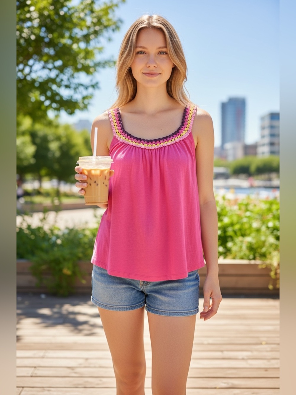 Tribal Pink Sleeveless Blouse with Colorful Crochet Trim